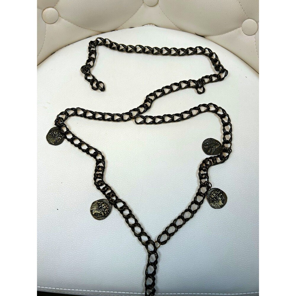 Vintage 80s 90s Gunmetal Coin Chain Belt Necklace Roman Greco Medallion Boho